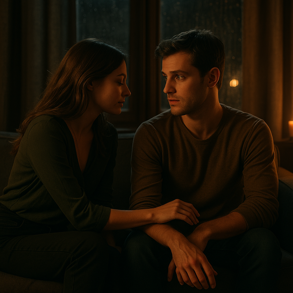 Friend to lover moment between man and woman near firelight, filled with sensual transition and emotional intimacy.