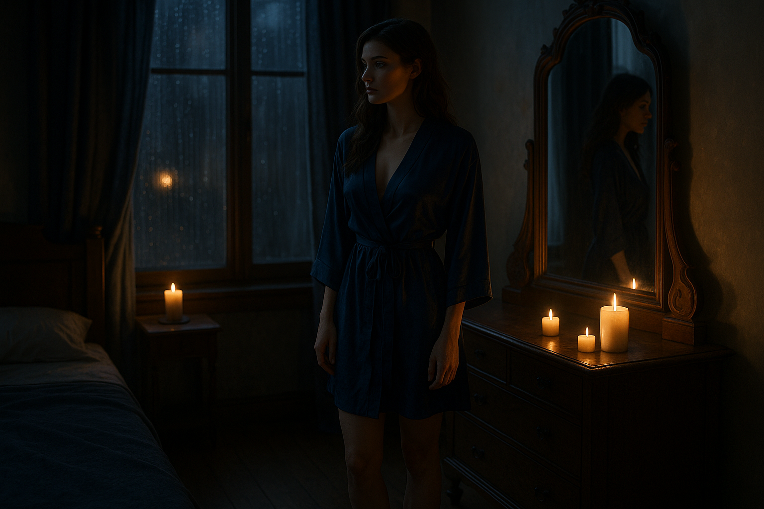 A poetic erotic story moment with a woman in silk, waiting near a rain-speckled window in candlelight.
